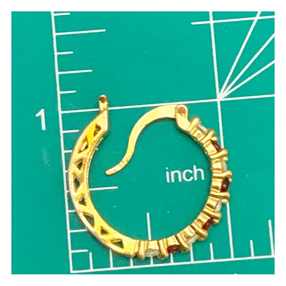 Gold tone hoop earrings with red and clear stones - Picture 2 of 11